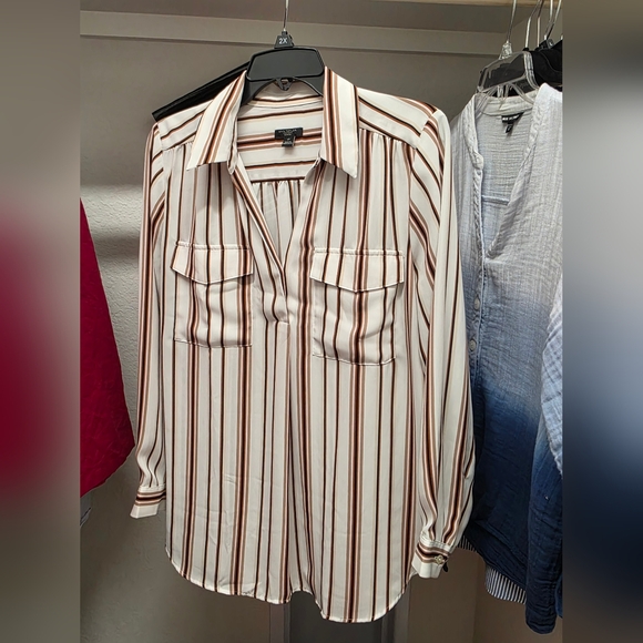 Ann Taylor Factory White and Brown Striped Casual Button Down Shirt LP - Picture 1 of 8